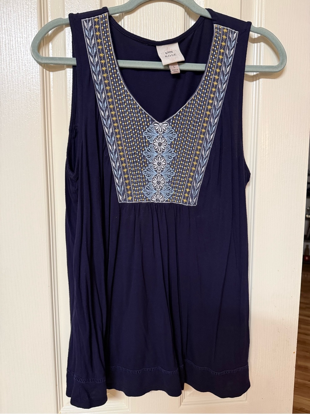 Knox Rose Navy Sleeveless Tank with Blue and Gold Embroidery